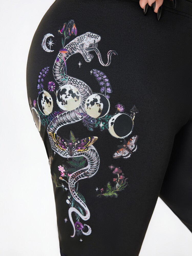 ROMWE Goth Vintage Dark Snake & Floral Print Versatile Plus Size Leggings - Black - View 4