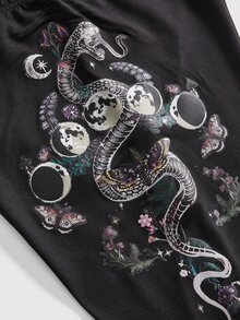 ROMWE Goth Vintage Dark Snake & Floral Print Versatile Plus Size Leggings - Black - View 9