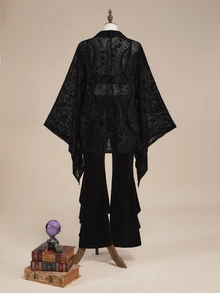 ROMWE Hippie Jaket Ukuran Besar Longgar dengan Desain Berongga Berbahan Kain Beludru Gaya Ramalan Gotik Gelap - Hitam - View 8