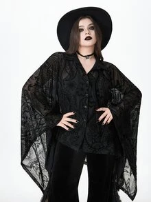 ROMWE Hippie Jaket Ukuran Besar Longgar dengan Desain Berongga Berbahan Kain Beludru Gaya Ramalan Gotik Gelap - Hitam - View 7