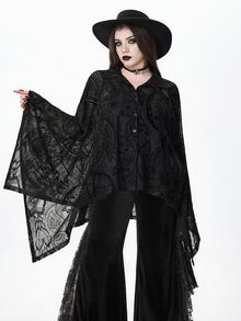 ROMWE Hippie Jaket Ukuran Besar Longgar dengan Desain Berongga Berbahan Kain Beludru Gaya Ramalan Gotik Gelap - Hitam - View 2