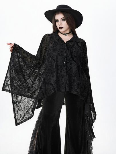 Hippie Dark Gothic Divination Style Flocked Fabric Hollow Out Design Asymmetrical Hem Plus Size Loose Fit Jacket