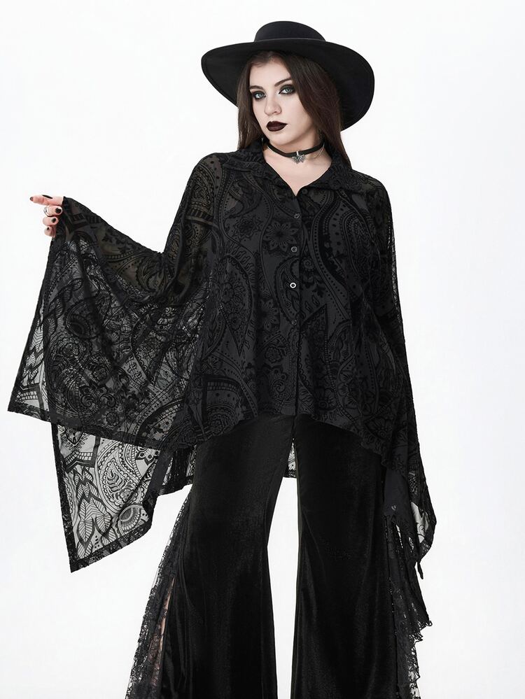 ROMWE Hippie Dark Gothic Divination Style Flocked Fabric Hollow Out Design Asymmetrical Hem Plus Size Loose Fit Jacket - Black - View 2
