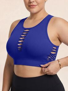 SHEIN Rhythm Era Women's Plus Size Solid Color Hollow Out Cropped Sports Tank Top - Royal Blue - View 5