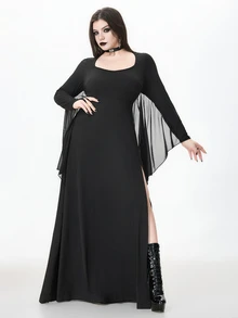 ROMWE Goth Gaun COS Wanita Ukuran Besar dengan Lengan Jubah Transparan Berbentuk Sayap Kelelawar dan Desain Belahan, Gaun Panjang Kostum Penyihir untuk Pesta Halloween - Hitam - View 3