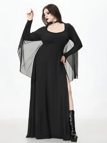 ROMWE Goth Gaun COS Wanita Ukuran Besar dengan Lengan Jubah Transparan Berbentuk Sayap Kelelawar dan Desain Belahan, Gaun Panjang Kostum Penyihir untuk Pesta Halloween - Hitam - View 4