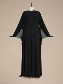 ROMWE Goth Gaun COS Wanita Ukuran Besar dengan Lengan Jubah Transparan Berbentuk Sayap Kelelawar dan Desain Belahan, Gaun Panjang Kostum Penyihir untuk Pesta Halloween - Hitam - View 8