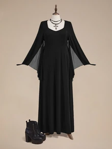 ROMWE Goth Gaun COS Wanita Ukuran Besar dengan Lengan Jubah Transparan Berbentuk Sayap Kelelawar dan Desain Belahan, Gaun Panjang Kostum Penyihir untuk Pesta Halloween - Hitam - View 7