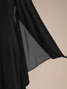 ROMWE Goth Gaun COS Wanita Ukuran Besar dengan Lengan Jubah Transparan Berbentuk Sayap Kelelawar dan Desain Belahan, Gaun Panjang Kostum Penyihir untuk Pesta Halloween - Hitam - View 9