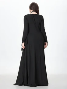 ROMWE Goth Gaun COS Wanita Ukuran Besar dengan Lengan Jubah Transparan Berbentuk Sayap Kelelawar dan Desain Belahan, Gaun Panjang Kostum Penyihir untuk Pesta Halloween - Hitam - View 2