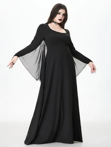 ROMWE Goth Gaun COS Wanita Ukuran Besar dengan Lengan Jubah Transparan Berbentuk Sayap Kelelawar dan Desain Belahan, Gaun Panjang Kostum Penyihir untuk Pesta Halloween - Hitam - View 5