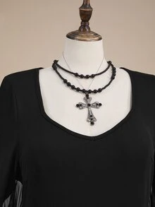 ROMWE Goth Gaun COS Wanita Ukuran Besar dengan Lengan Jubah Transparan Berbentuk Sayap Kelelawar dan Desain Belahan, Gaun Panjang Kostum Penyihir untuk Pesta Halloween - Hitam - View 10