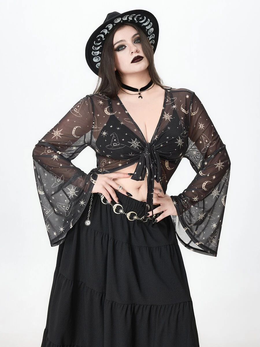 ROMWE Halloween Gothic Dark Star Moon Witch Hat Print Sexy Sheer Front ...