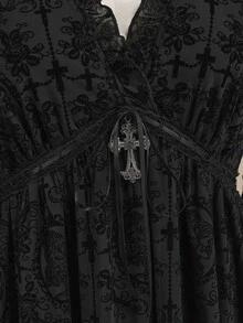 ROMWE Halloween Dark Gothic Plus Size Fashion Black Velvet V-Neck Cinched Waist Bell Sleeve Short Dress - Black - View 10