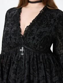ROMWE Halloween Dark Gothic Plus Size Fashion Black Velvet V-Neck Cinched Waist Bell Sleeve Short Dress - Black - View 5