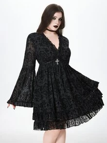 ROMWE Halloween Dark Gothic Plus Size Fashion Black Velvet V-Neck Cinched Waist Bell Sleeve Short Dress - Black - View 4