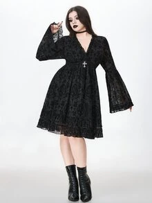ROMWE Halloween Dark Gothic Plus Size Fashion Black Velvet V-Neck Cinched Waist Bell Sleeve Short Dress - Black - View 7