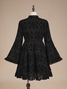 ROMWE Halloween Dark Gothic Plus Size Fashion Black Velvet V-Neck Cinched Waist Bell Sleeve Short Dress - Black - View 9