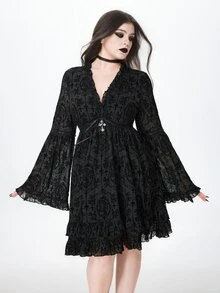 ROMWE Halloween Dark Gothic Plus Size Fashion Black Velvet V-Neck Cinched Waist Bell Sleeve Short Dress - Black - View 1