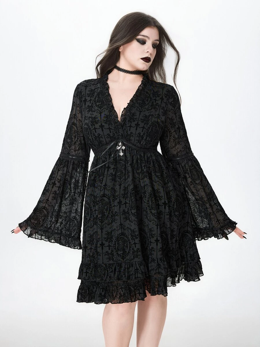 ROMWE Halloween Dark Gothic Plus Size Fashion Black Velvet V-Neck Cinched Waist Bell Sleeve Short Dress - Black - View 1