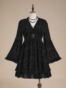 ROMWE Halloween Dark Gothic Plus Size Fashion Black Velvet V-Neck Cinched Waist Bell Sleeve Short Dress - Black - View 8