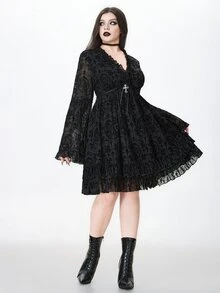 ROMWE Halloween Dark Gothic Plus Size Fashion Black Velvet V-Neck Cinched Waist Bell Sleeve Short Dress - Black - View 6