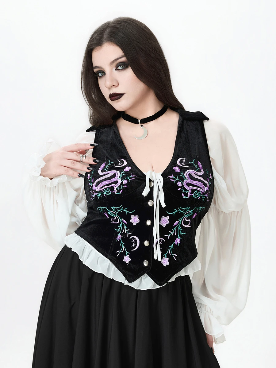 ROMWE Fairycore Plus Size Autumn/Winter Vintage Mori Style Floral Embroidered Velvet Vest - Black - View 1