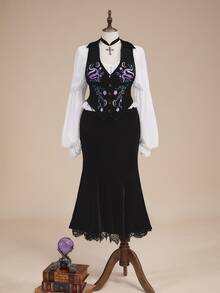ROMWE Fairycore Plus Size Autumn/Winter Vintage Mori Style Floral Embroidered Velvet Vest - Black - View 3