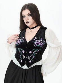 ROMWE Fairycore Plus Size Autumn/Winter Vintage Mori Style Floral Embroidered Velvet Vest - Black - View 6