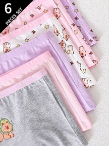 SHEIN 6件組女童可愛俏皮卡通水豚印花純棉內褲，適合四季冬季，1歲生日，粉色紫色白色 - 彩色 - 查看 3
