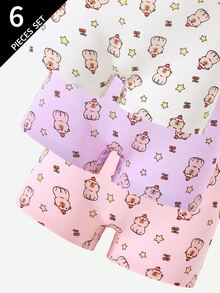 SHEIN 6件組女童可愛俏皮卡通水豚印花純棉內褲，適合四季冬季，1歲生日，粉色紫色白色 - 彩色 - 查看 6