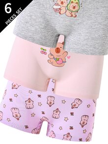 SHEIN 6件組女童可愛俏皮卡通水豚印花純棉內褲，適合四季冬季，1歲生日，粉色紫色白色 - 彩色 - 查看 5