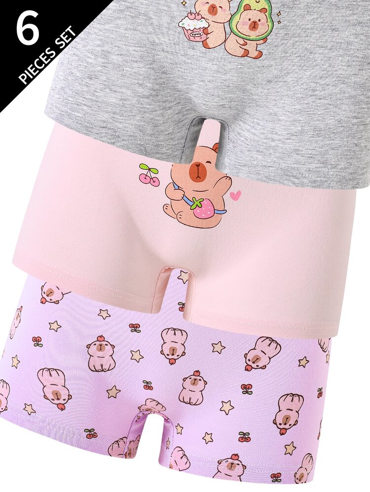 SHEIN 6pcs Girls Cute Cheeky Cartoon Capybara Print Cotton Briefs, Suitable For All Seasons Winter First Birthday Pink Purple White - Multicolor - View 5