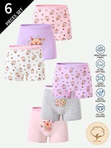 SHEIN 6件組女童可愛俏皮卡通水豚印花純棉內褲，適合四季冬季，1歲生日，粉色紫色白色 - 彩色 - 查看 1