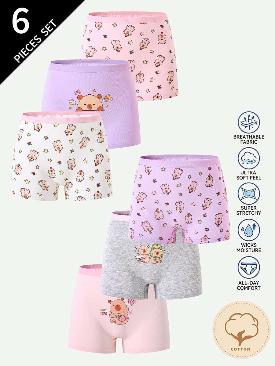 SHEIN 6件組女童可愛俏皮卡通水豚印花純棉內褲,適合四季冬季,1歲生日,粉色紫色白色 - 彩色 - 查看 1