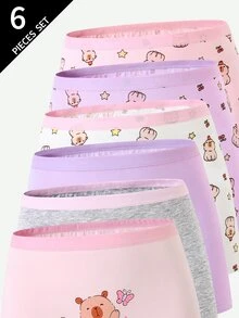 SHEIN 6件組女童可愛俏皮卡通水豚印花純棉內褲，適合四季冬季，1歲生日，粉色紫色白色 - 彩色 - 查看 4