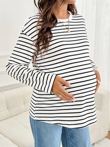 SHEIN تي شيرت كاجوال للحوامل مخطط بياقة دائرية وأكمام طويلة وكتف منسدل - أبيض - مشاهدة 3