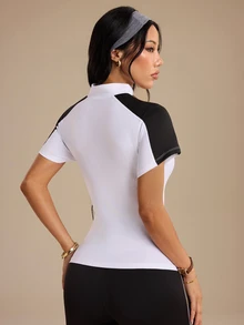 Gameset SHEIN Sport Atasan Wanita Lengan Pendek Motif Blok Warna dengan Resleting dan Plaket Setengah, Cocok untuk Bertema Berkuda - Putih - View 7