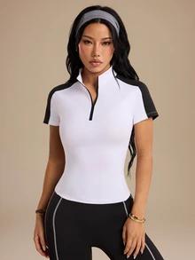 Gameset SHEIN Sport Atasan Wanita Lengan Pendek Motif Blok Warna dengan Resleting dan Plaket Setengah, Cocok untuk Bertema Berkuda - Putih - View 8