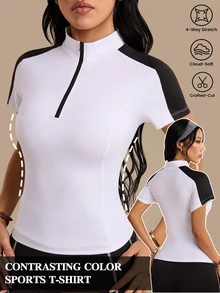 Gameset SHEIN Sport Atasan Wanita Lengan Pendek Motif Blok Warna dengan Resleting dan Plaket Setengah, Cocok untuk Bertema Berkuda - Putih - View 1