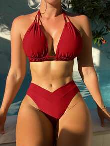 Swim Basics Women's Solid Color Halter Neck Bikini Set For Summer Beach Vacation - Red - View 4