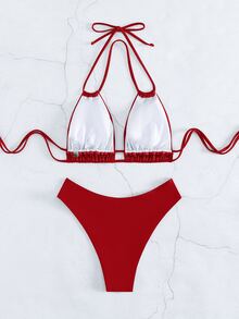 Swim Basics Women's Solid Color Halter Neck Bikini Set For Summer Beach Vacation - Red - View 5