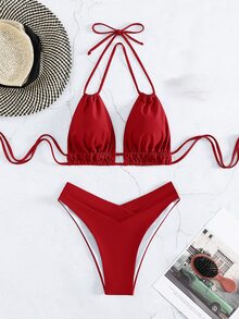 Swim Basics Women's Solid Color Halter Neck Bikini Set For Summer Beach Vacation - Red - View 6