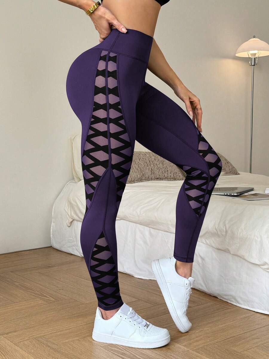 Slayform Slayform Mesh Patchwork High Waist Seamless Sports Leggings - Bold Plum - View 1