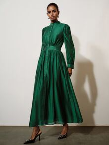 Aveloria Modichic Gaun A-Line Mengembang Bertekstur Satin Kerah Tegak Kancing Sabuk Lebar Lengan Mengembang Elegan Retro Hijau Zamrud Polos Panjang Gaun Makan Malam Tahun Baru Musim Gugur - Hijau - View 4