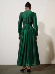Aveloria Modichic Gaun A-Line Mengembang Bertekstur Satin Kerah Tegak Kancing Sabuk Lebar Lengan Mengembang Elegan Retro Hijau Zamrud Polos Panjang Gaun Makan Malam Tahun Baru Musim Gugur - Hijau - View 3