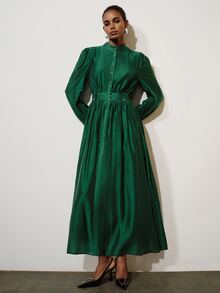 Aveloria Modichic Gaun A-Line Mengembang Bertekstur Satin Kerah Tegak Kancing Sabuk Lebar Lengan Mengembang Elegan Retro Hijau Zamrud Polos Panjang Gaun Makan Malam Tahun Baru Musim Gugur - Hijau - View 1