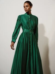Aveloria Modichic Gaun A-Line Mengembang Bertekstur Satin Kerah Tegak Kancing Sabuk Lebar Lengan Mengembang Elegan Retro Hijau Zamrud Polos Panjang Gaun Makan Malam Tahun Baru Musim Gugur - Hijau - View 5