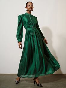 Aveloria Modichic Gaun A-Line Mengembang Bertekstur Satin Kerah Tegak Kancing Sabuk Lebar Lengan Mengembang Elegan Retro Hijau Zamrud Polos Panjang Gaun Makan Malam Tahun Baru Musim Gugur - Hijau - View 6