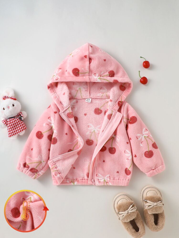 SHEIN 1件幼兒女童連帽外套大衣，可愛甜美粉珊瑚色櫻桃蝴蝶結印花，毛茸茸長袖連帽加厚，適合冬季、萬聖節、秋季、假日派對，舒適拉鍊款 - 彩色 - 查看 1